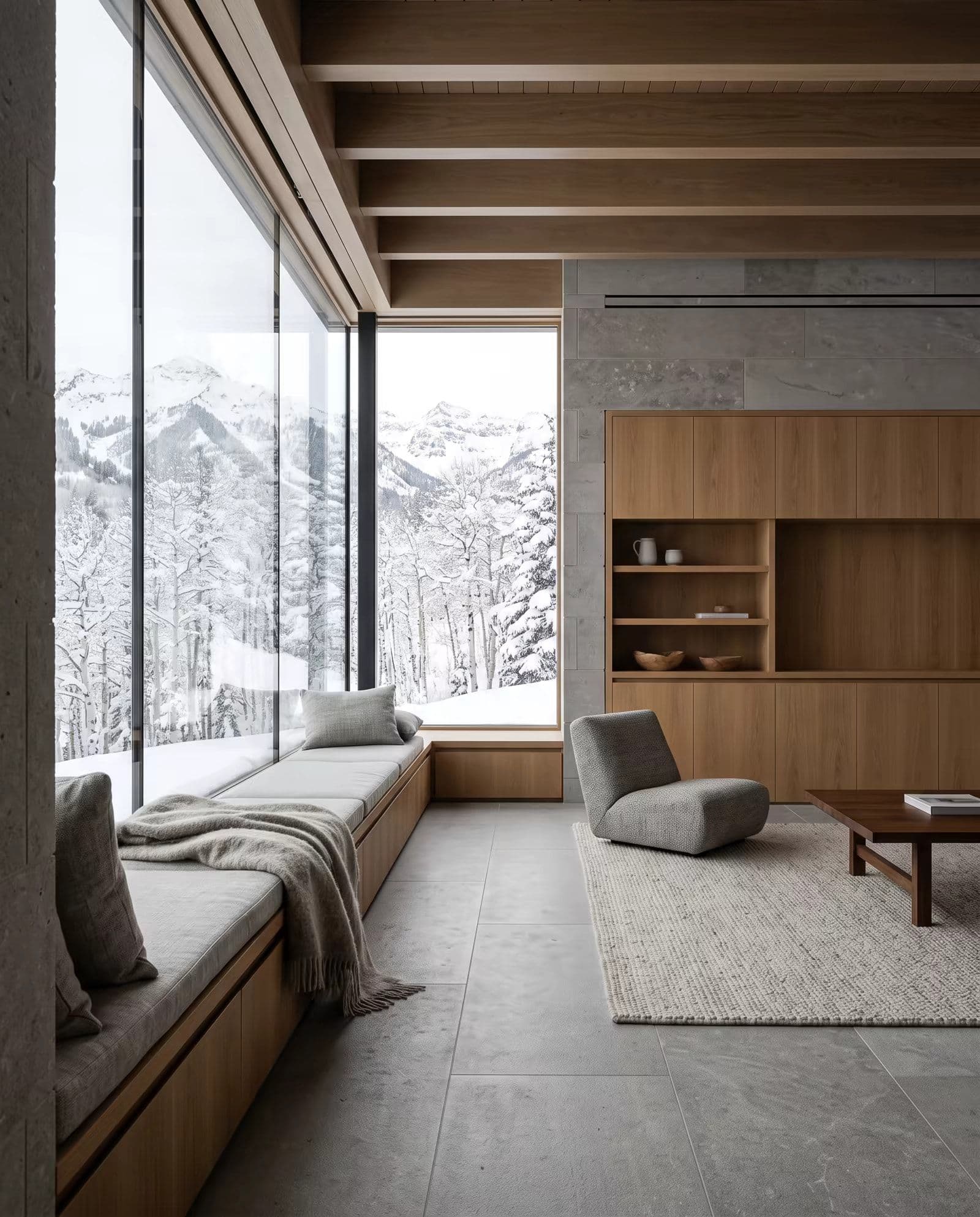 A living room with a board-formed concrete wall, oak cabinetry and a window seat, snow and peaks through a full-height glass wall
