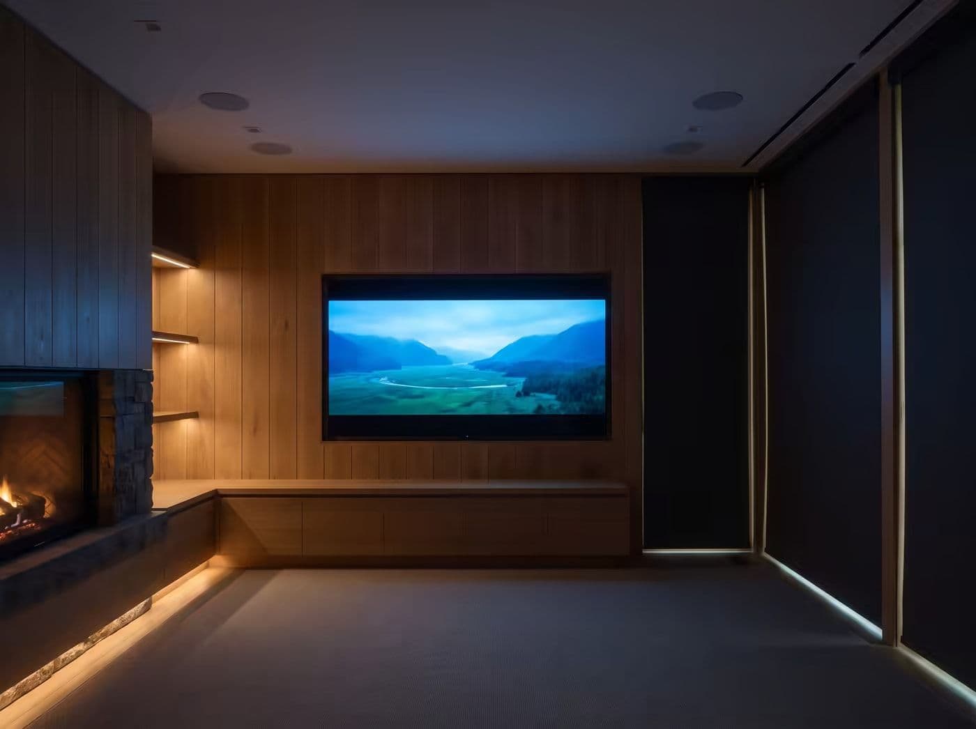 A television lit in a dark panelled great room, speakers flush in the ceiling
