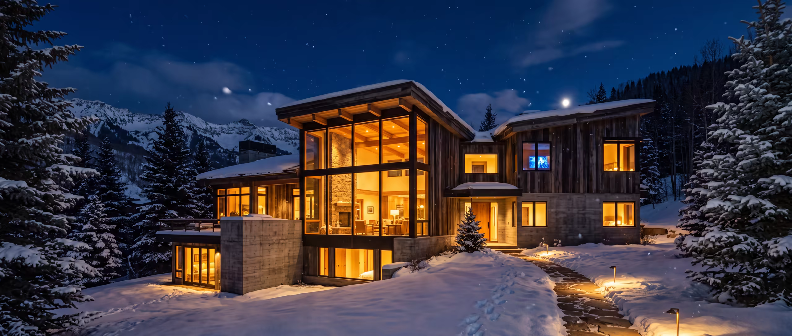 Telluride home at night in snowfall