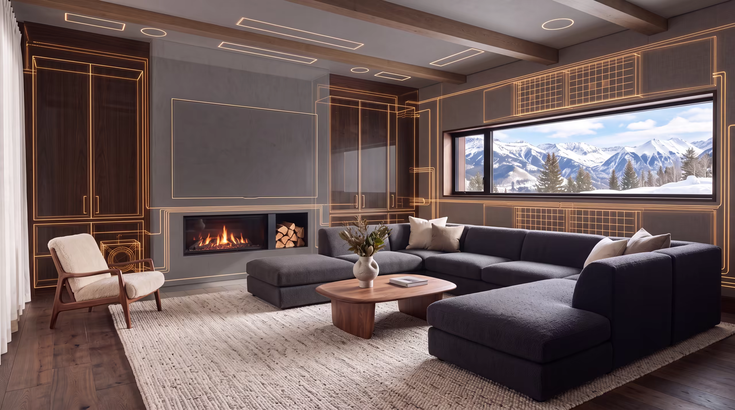 The same great room drawn as an x-ray, showing the screen, in-wall speakers, conduit and cable runs concealed behind the finishes.